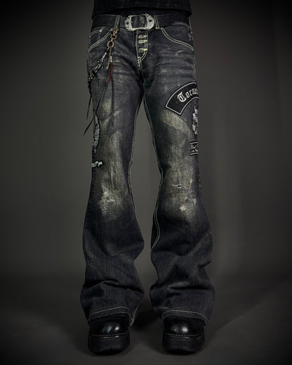 Tornado Mart Skull & Wing Embroidered Flared Denim
