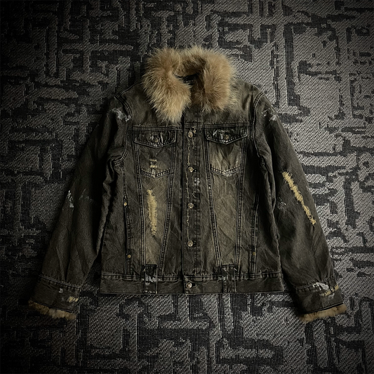 In The Attic Raccoon Fur Distressed Jeans Jacket