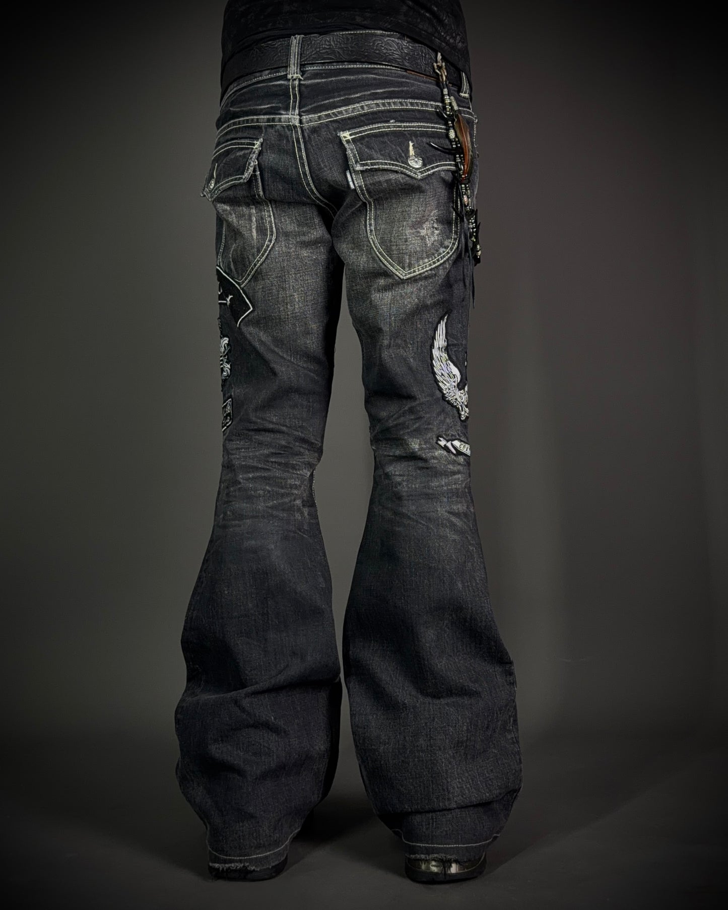 Tornado Mart Skull & Wing Embroidered Flared Denim