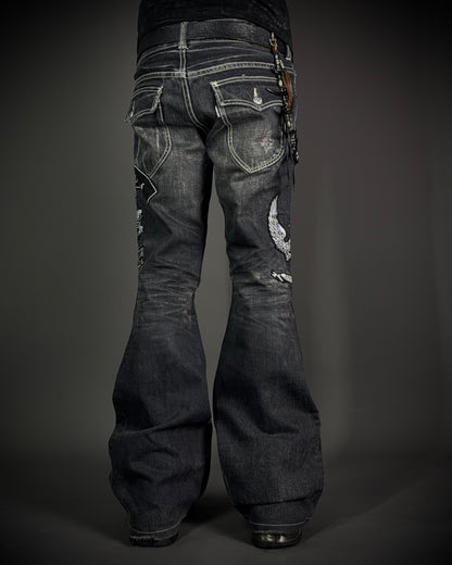 Tornado Mart Skull & Wing Embroidered Flared Denim