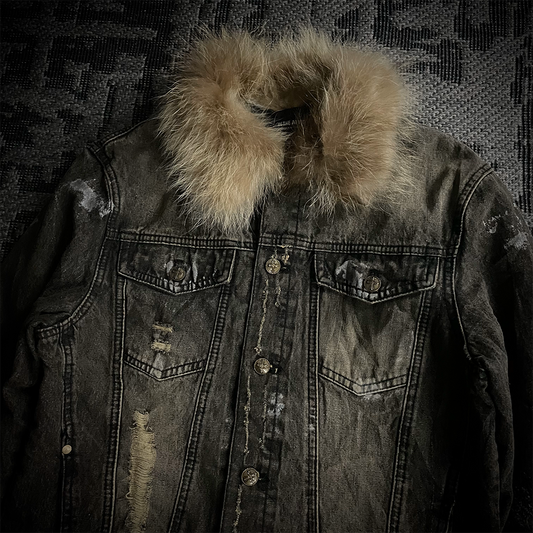 In The Attic Raccoon Fur Distressed Jeans Jacket