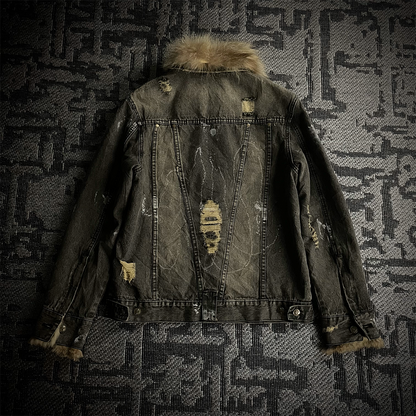 In The Attic Raccoon Fur Distressed Jeans Jacket