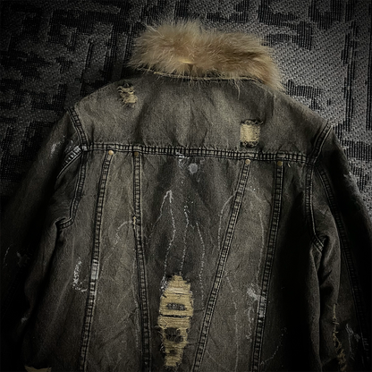 In The Attic Raccoon Fur Distressed Jeans Jacket