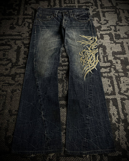 Tornado Mart Tribal Embroidery Spiral Flared Jeans