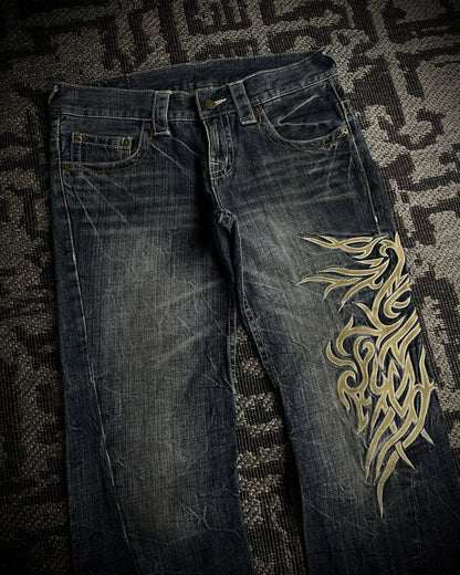 Tornado Mart Tribal Embroidery Spiral Flared Jeans