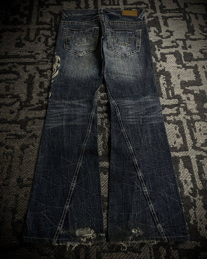 Tornado Mart Tribal Embroidery Spiral Flared Jeans