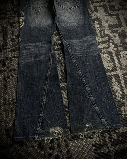 Tornado Mart Tribal Embroidery Spiral Flared Jeans