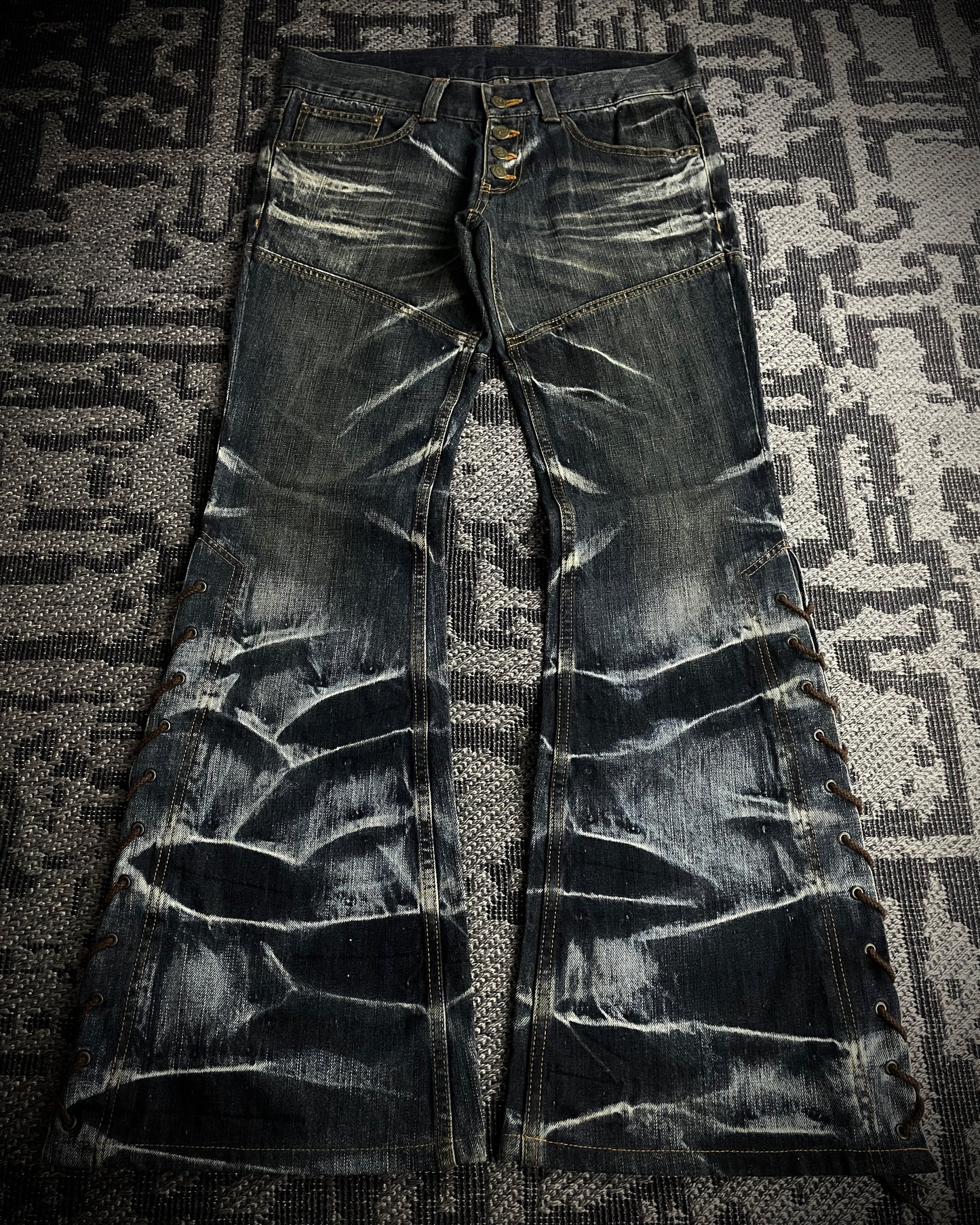 Tornado Mart Crackle Wash Lace-Up Flared Denim
