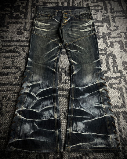 Tornado Mart Crackle Wash Lace-Up Flared Denim