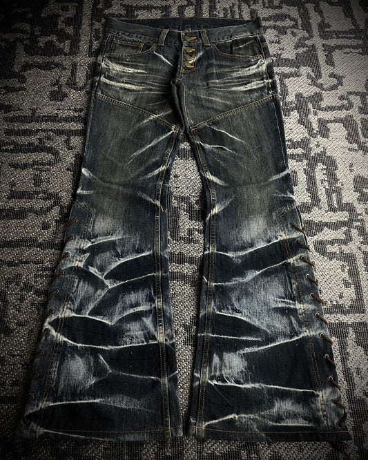 Tornado Mart Crackle Wash Lace-Up Flared Denim