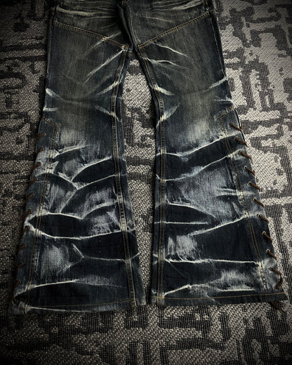Tornado Mart Crackle Wash Lace-Up Flared Denim