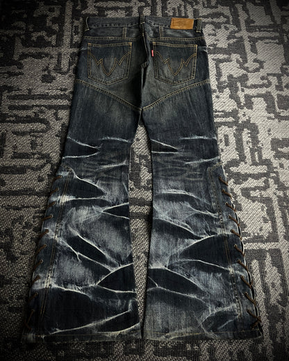 Tornado Mart Crackle Wash Lace-Up Flared Denim