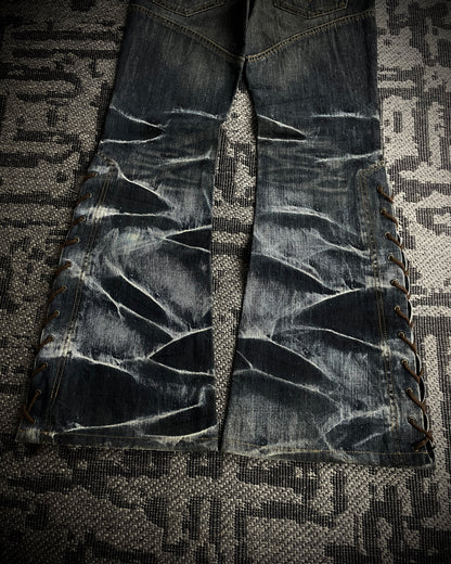 Tornado Mart Crackle Wash Lace-Up Flared Denim