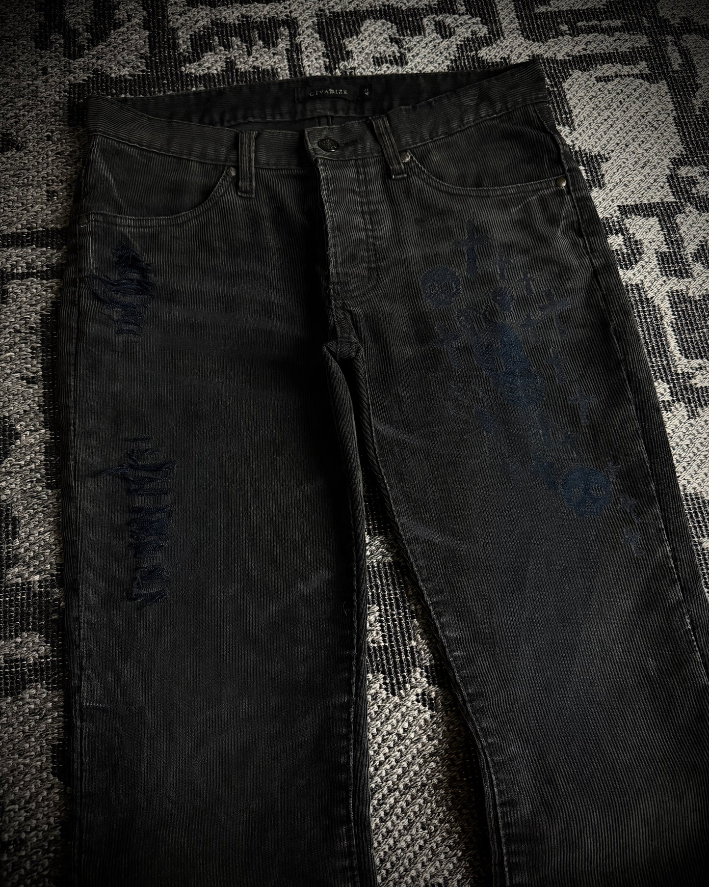 CIVARIZE Skull Cross Corduroy Distressed Bootcut Pants