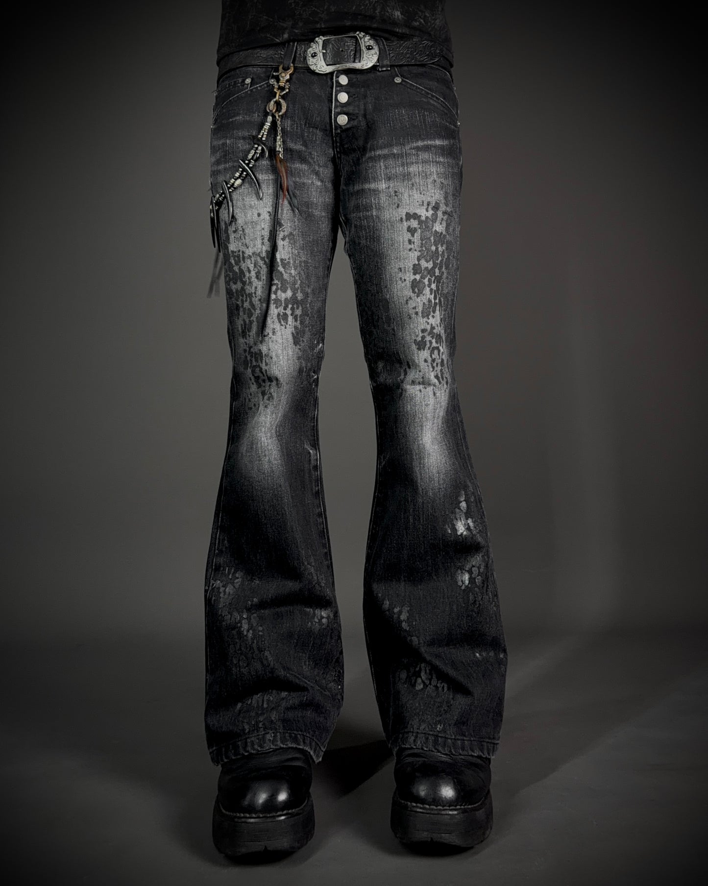 Tornado Mart Black Leopard Coated Fade Flared Denim