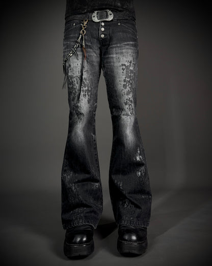 Tornado Mart Black Leopard Coated Fade Flared Denim