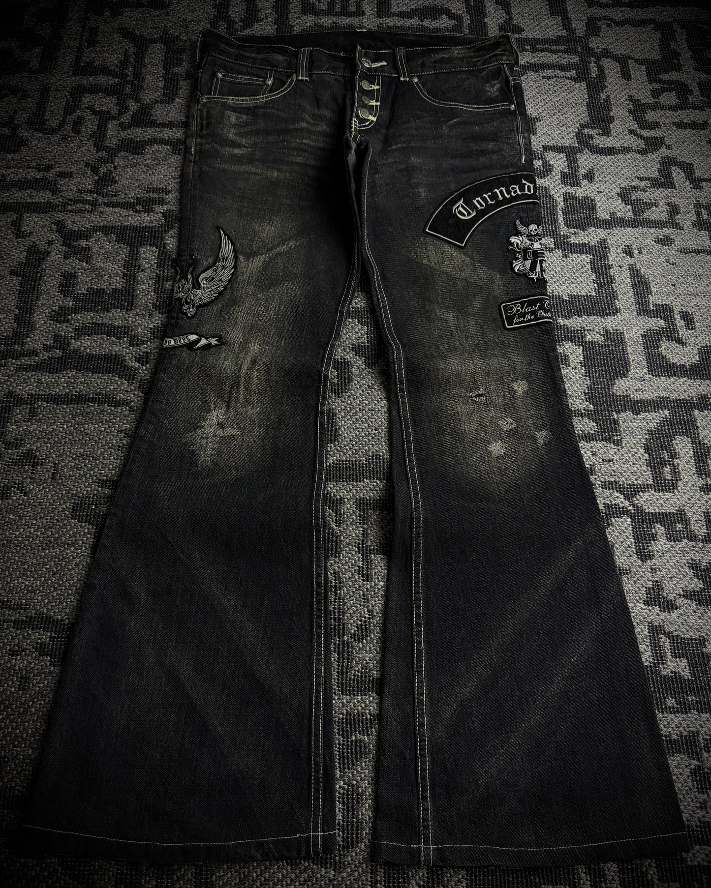 Tornado Mart Skull & Wing Embroidered Flared Denim