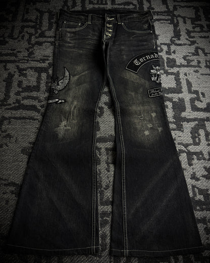 Tornado Mart Skull & Wing Embroidered Flared Denim