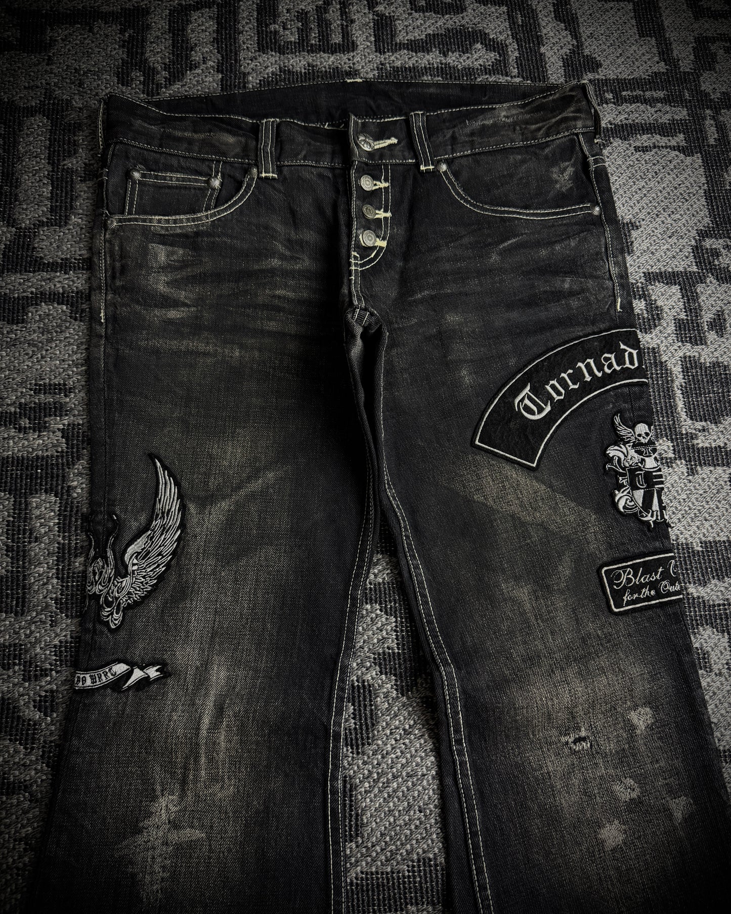 Tornado Mart Skull & Wing Embroidered Flared Denim