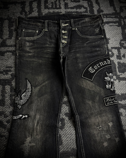 Tornado Mart Skull & Wing Embroidered Flared Denim