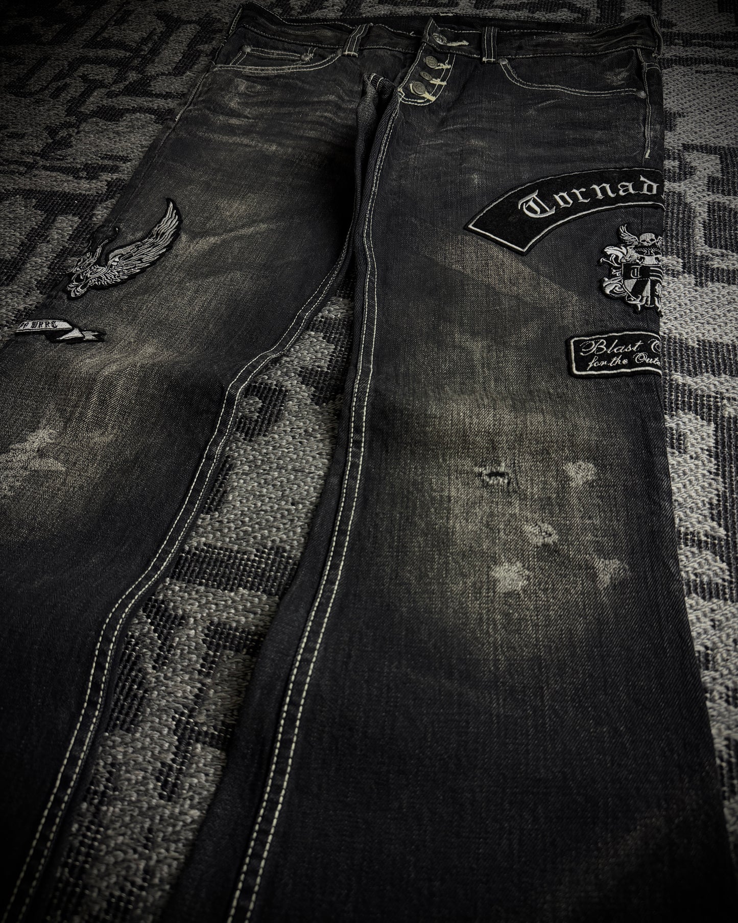 Tornado Mart Skull & Wing Embroidered Flared Denim
