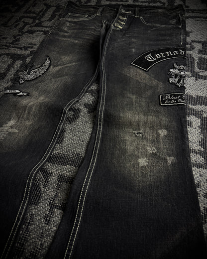 Tornado Mart Skull & Wing Embroidered Flared Denim
