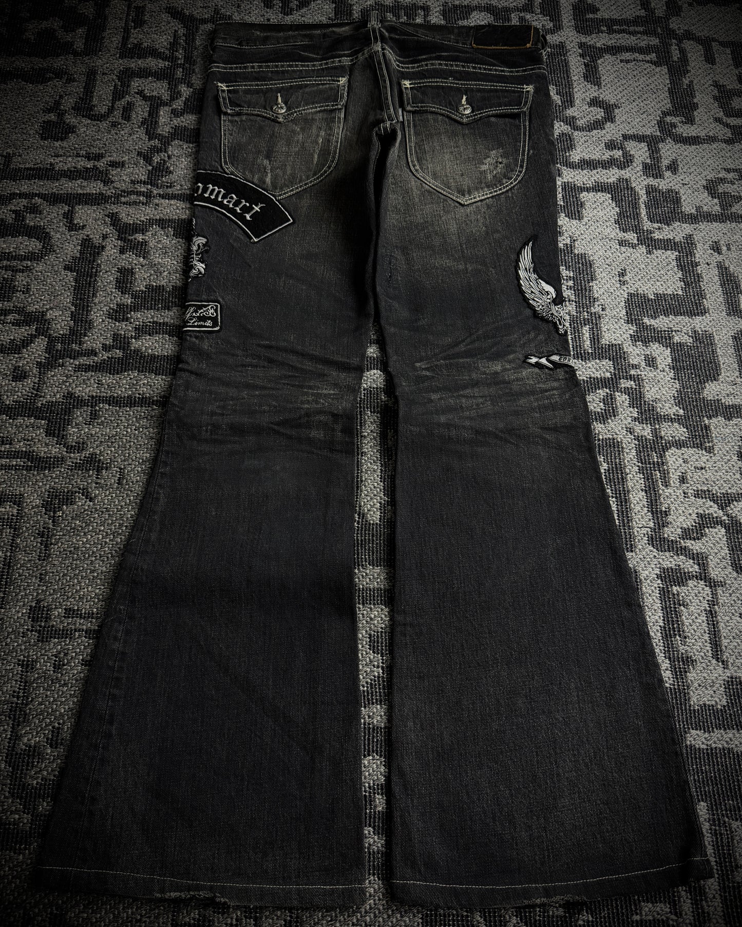 Tornado Mart Skull & Wing Embroidered Flared Denim