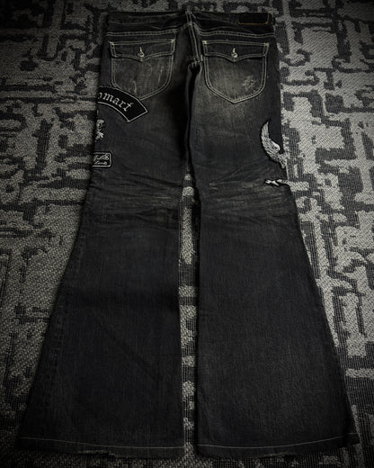 Tornado Mart Skull & Wing Embroidered Flared Denim