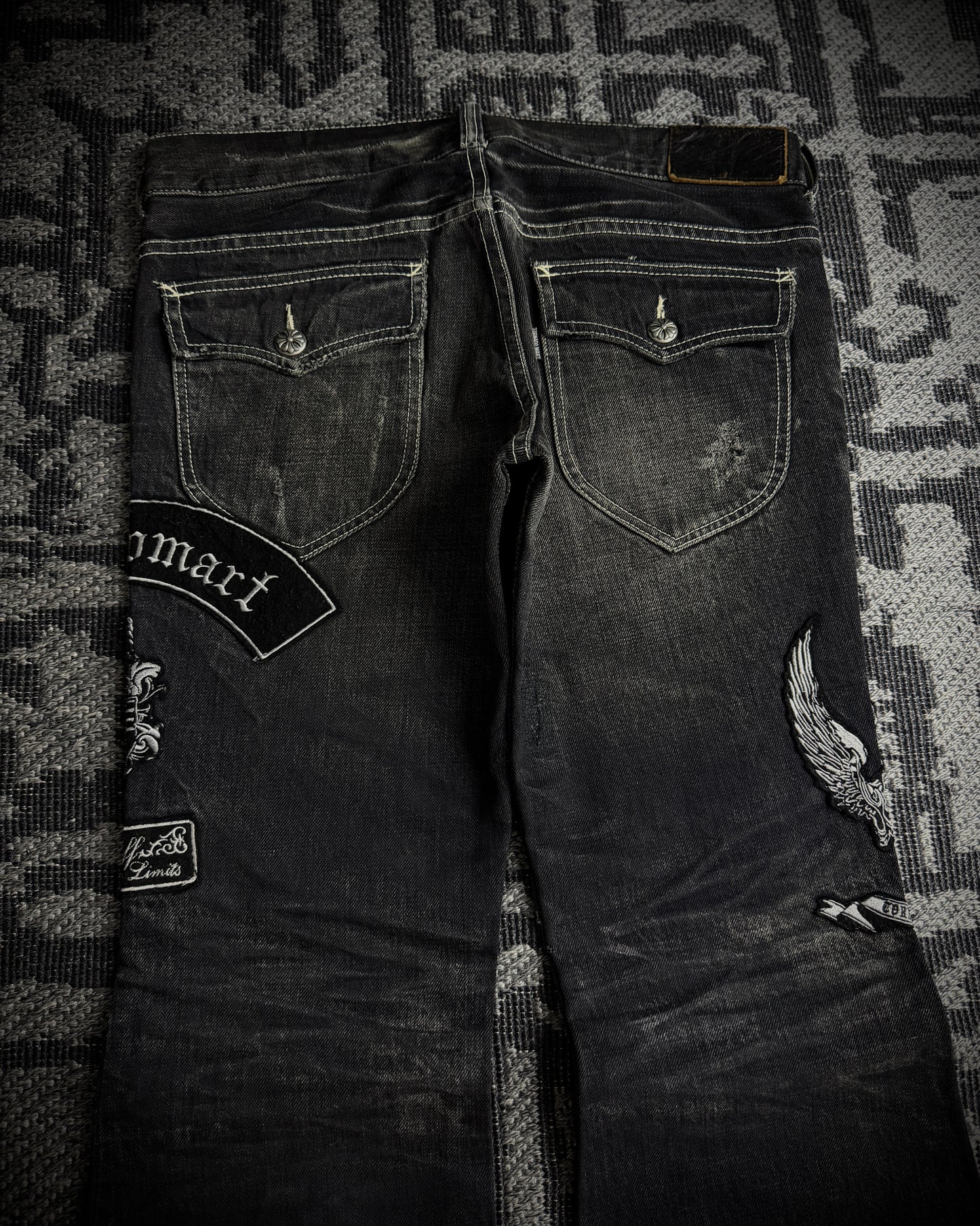 Tornado Mart Skull & Wing Embroidered Flared Denim