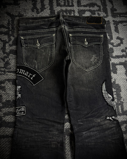 Tornado Mart Skull & Wing Embroidered Flared Denim