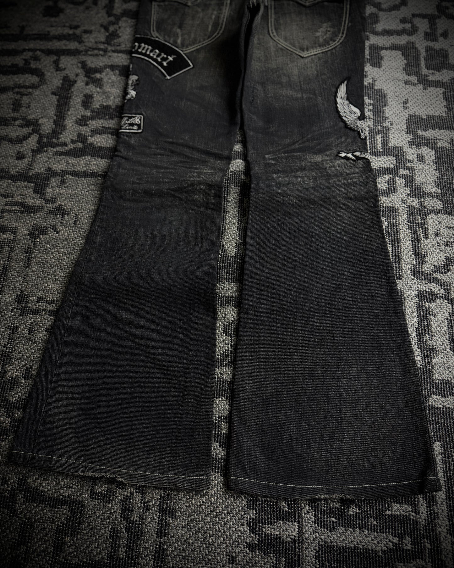 Tornado Mart Skull & Wing Embroidered Flared Denim