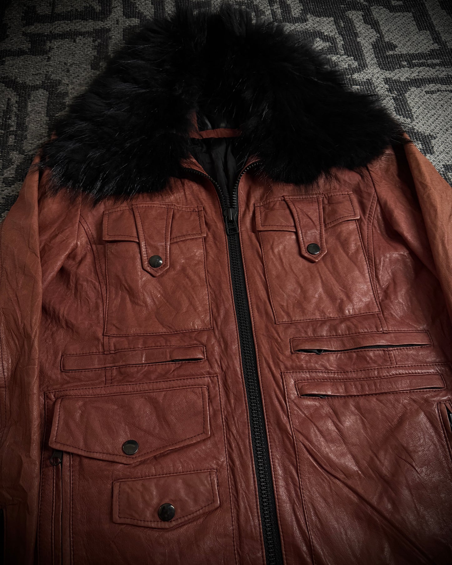 CUSTOM CULTURE Real Fur Multi-Pocket Brick Red Leather Jacket