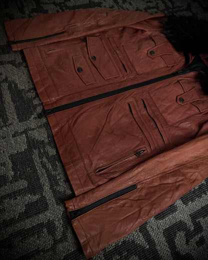 CUSTOM CULTURE Real Fur Multi-Pocket Brick Red Leather Jacket