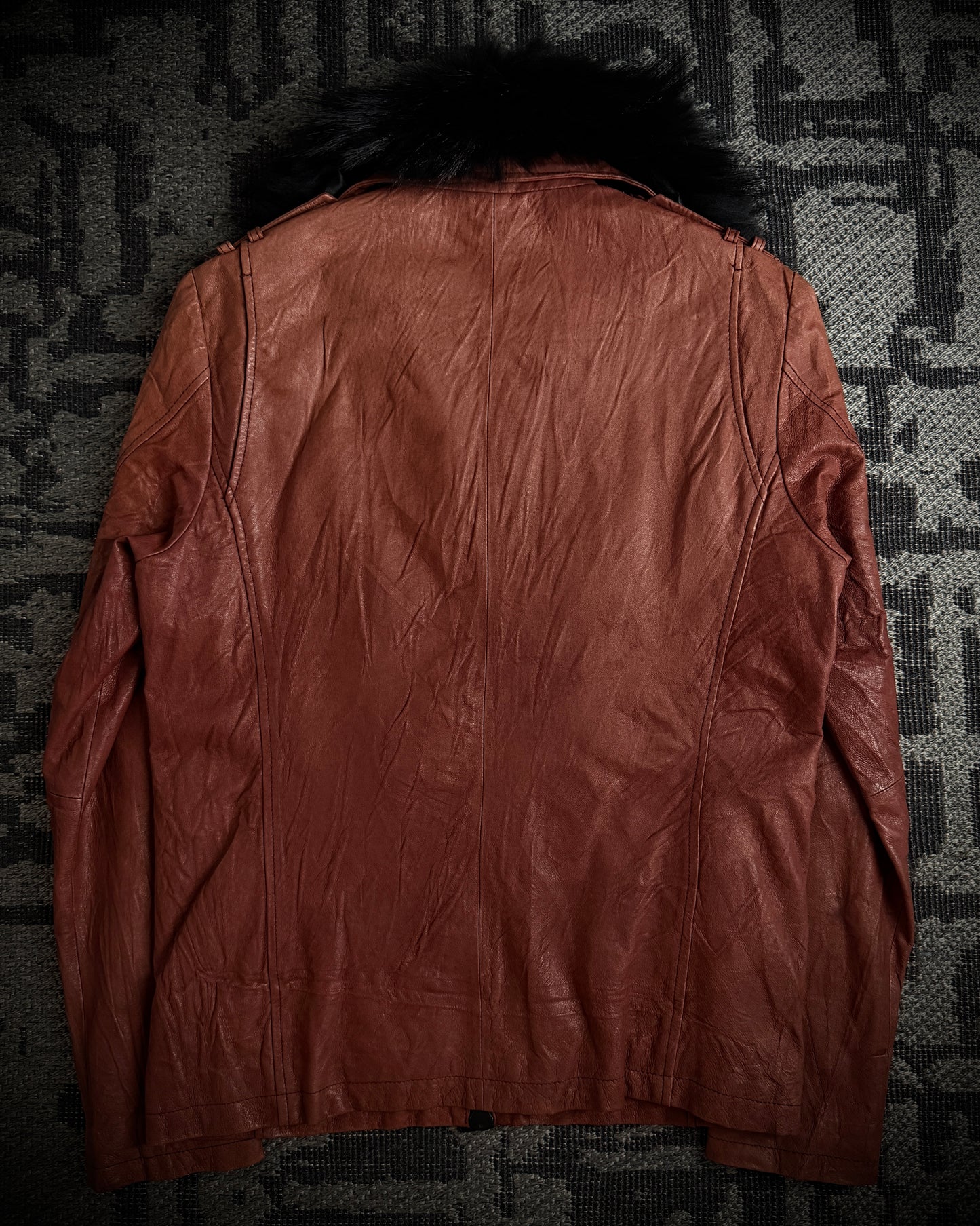 CUSTOM CULTURE Real Fur Multi-Pocket Brick Red Leather Jacket
