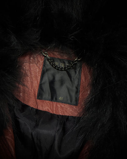 CUSTOM CULTURE Real Fur Multi-Pocket Brick Red Leather Jacket