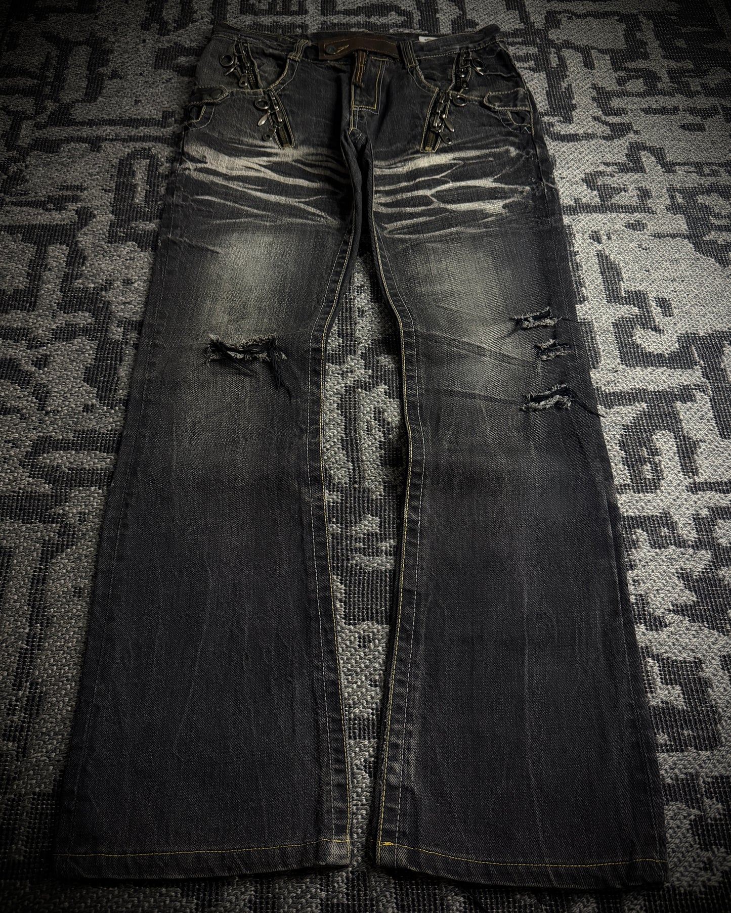 Semantic Design Multi Zip Distressed Bootcut Denim
