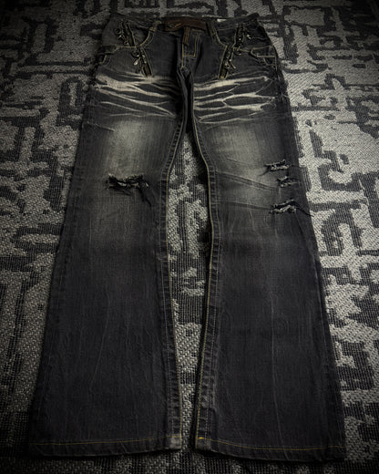 Semantic Design Multi Zip Distressed Bootcut Denim