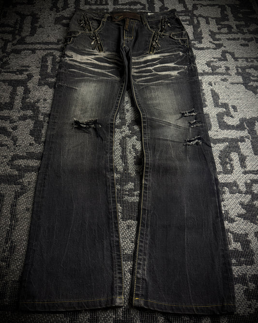 Semantic Design Multi Zip Distressed Bootcut Denim