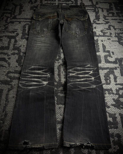 Semantic Design Multi Zip Distressed Bootcut Denim