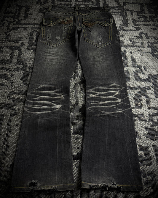 Semantic Design Multi Zip Distressed Bootcut Denim