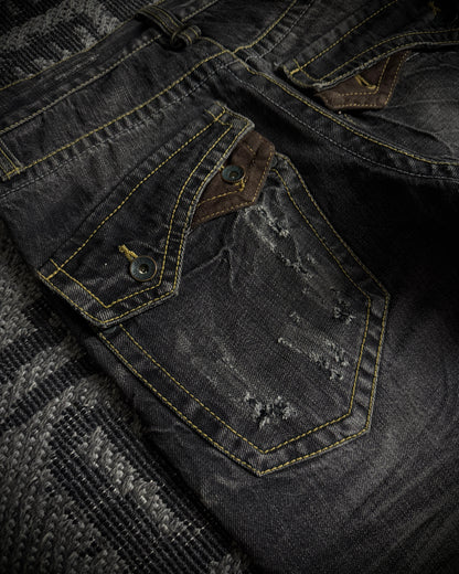 Semantic Design Multi Zip Distressed Bootcut Denim