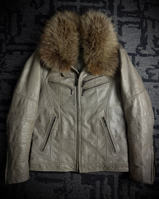 Tornado Mart Beige Cow Leather Real Fur Jacket