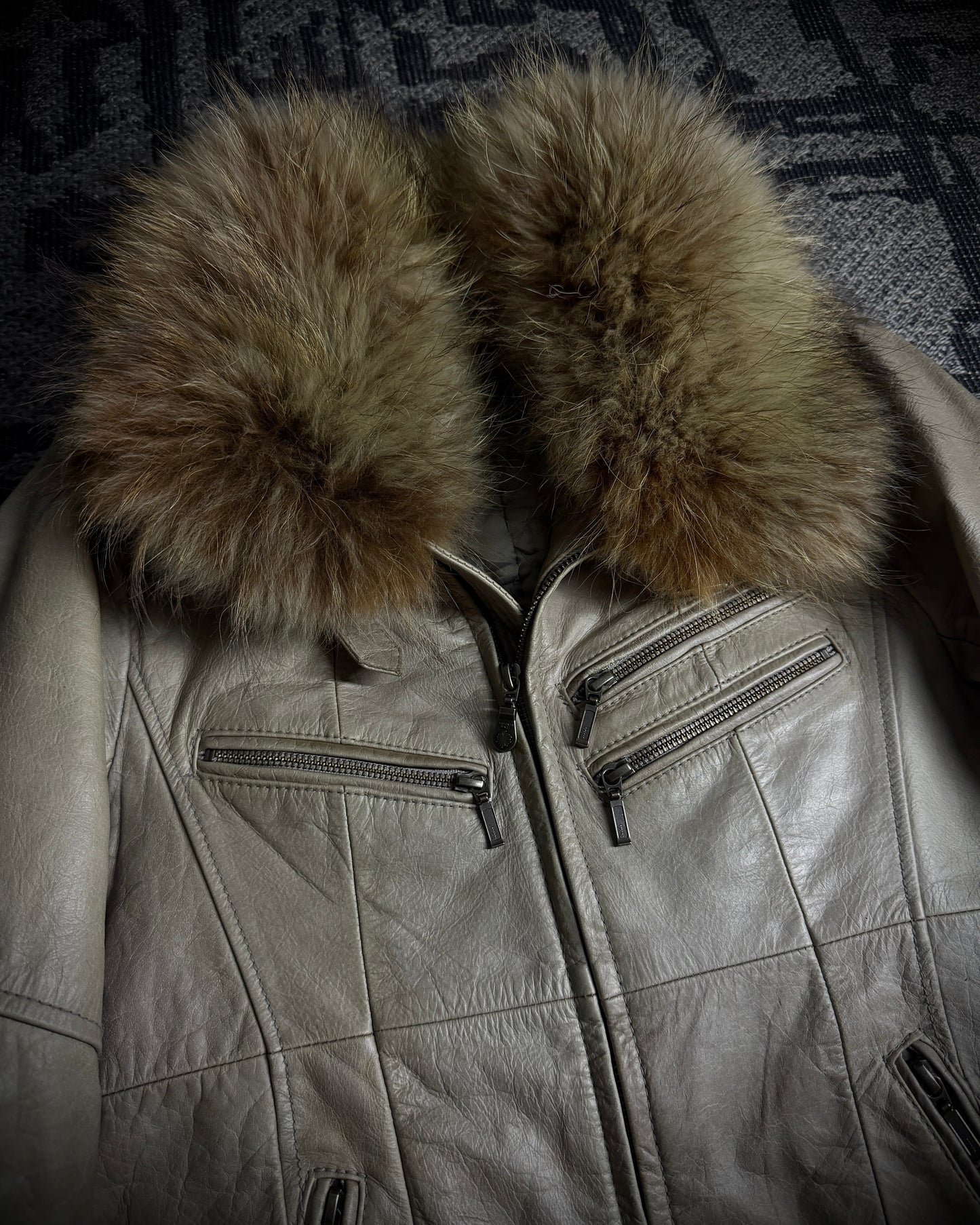 Tornado Mart Beige Cow Leather Real Fur Jacket