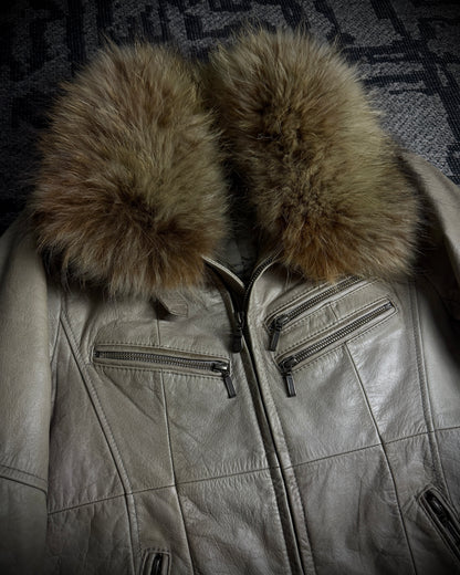 Tornado Mart Beige Cow Leather Real Fur Jacket