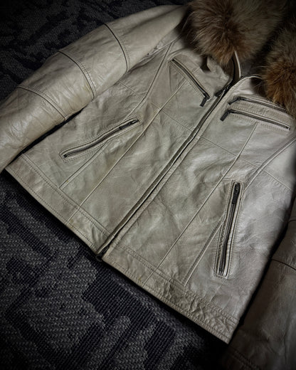 Tornado Mart Beige Cow Leather Real Fur Jacket