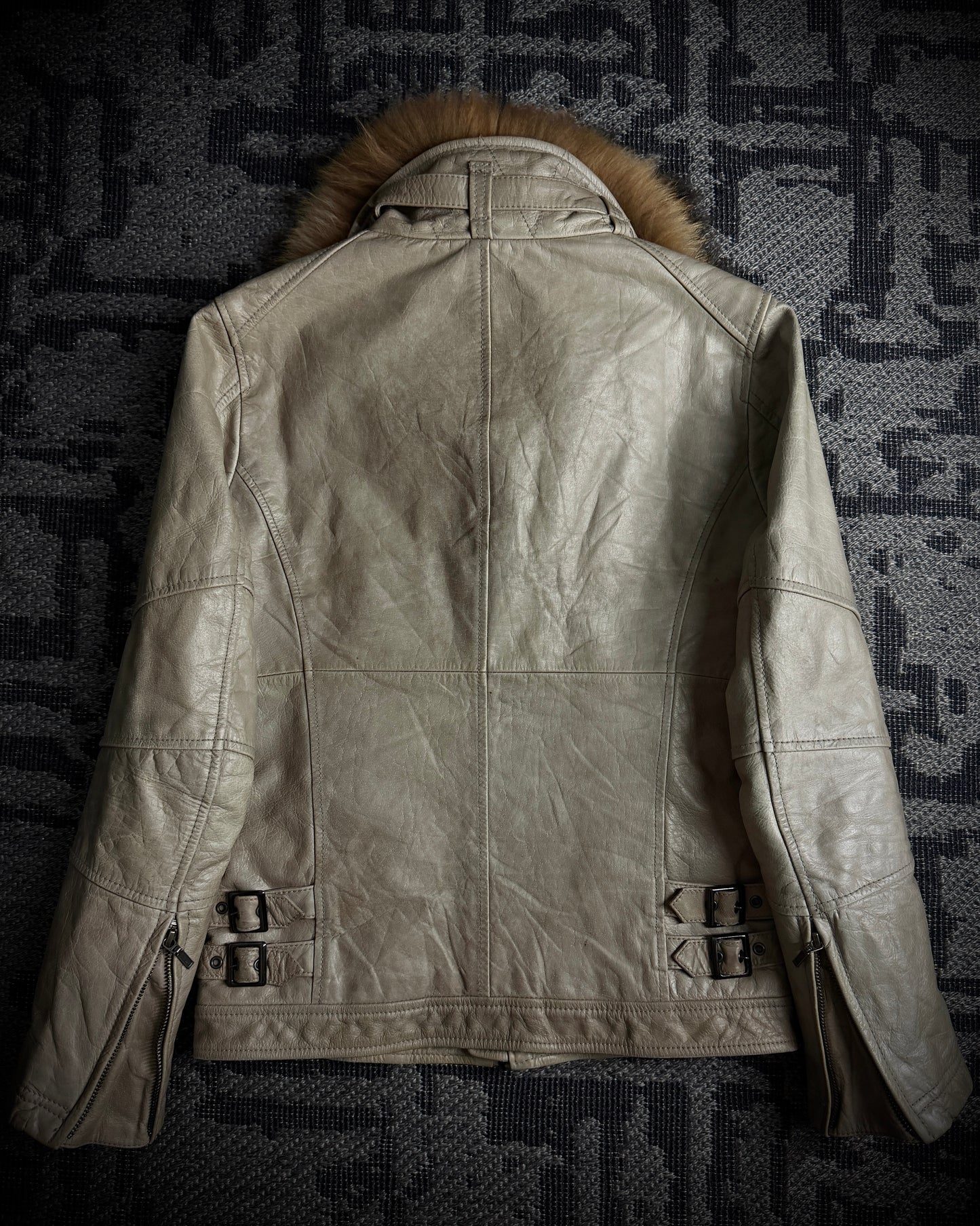 Tornado Mart Beige Cow Leather Real Fur Jacket