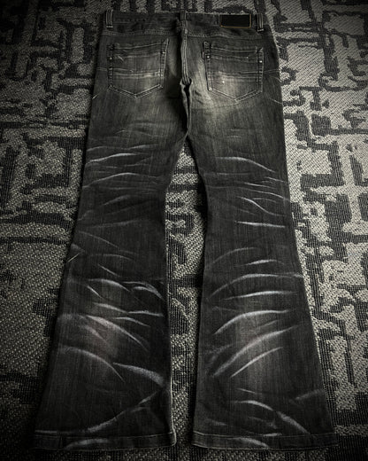 Tornado Mart Black Whiskered Faded Flared Denim