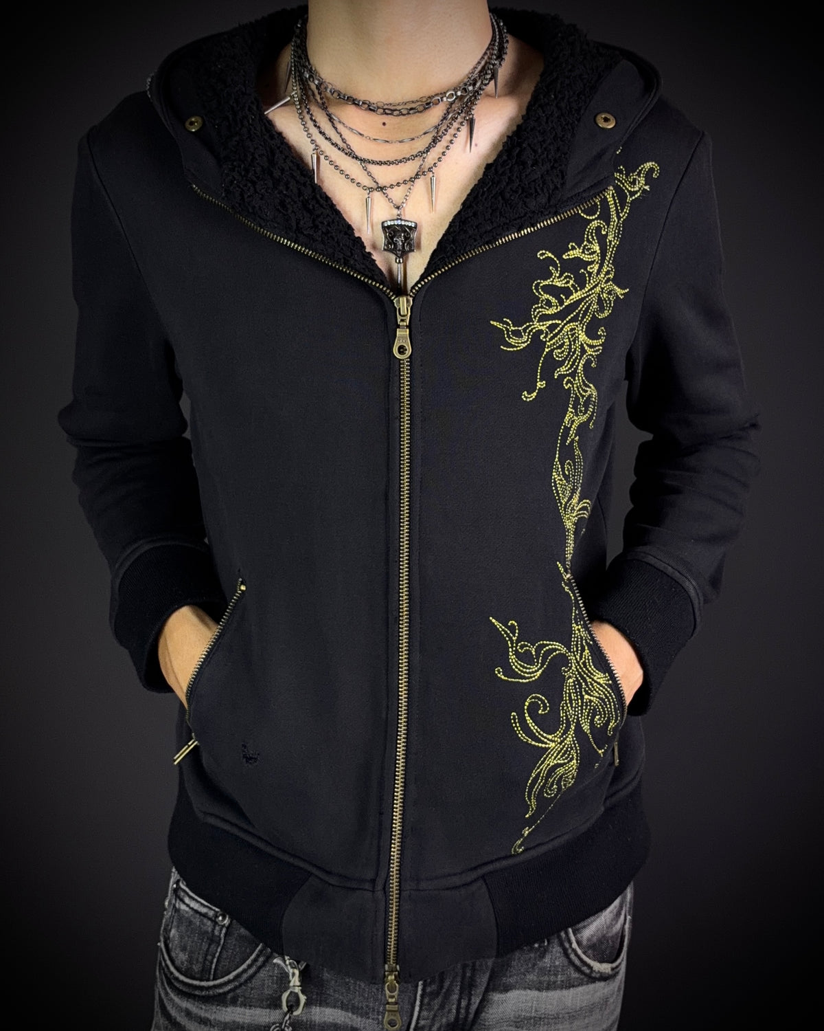 Midas Gold Ornamental Rhinestone Zip Hoodie
