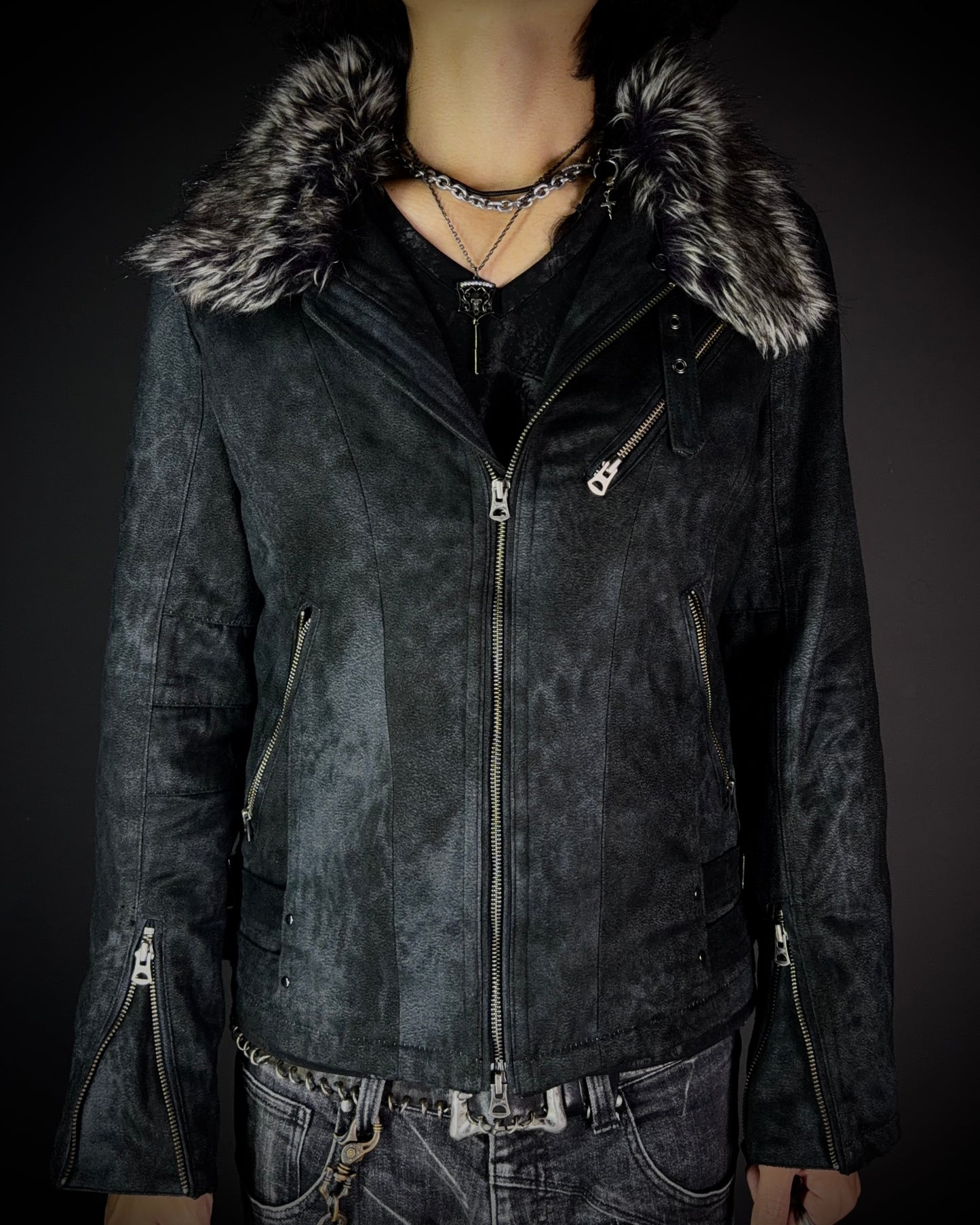 Tornado Mart Leopard Washed Black Suede Faux Fur Jacket
