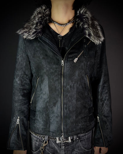 Tornado Mart Leopard Washed Black Suede Faux Fur Jacket
